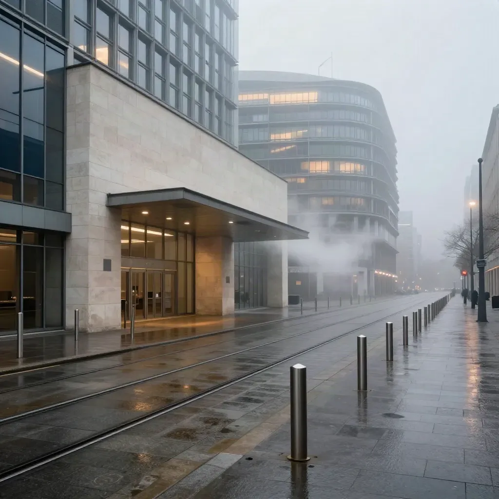 Quartiere europeo di Bruxelles nella nebbia mattutina, binari del tram e ingresso congressuale quasi vuoto.