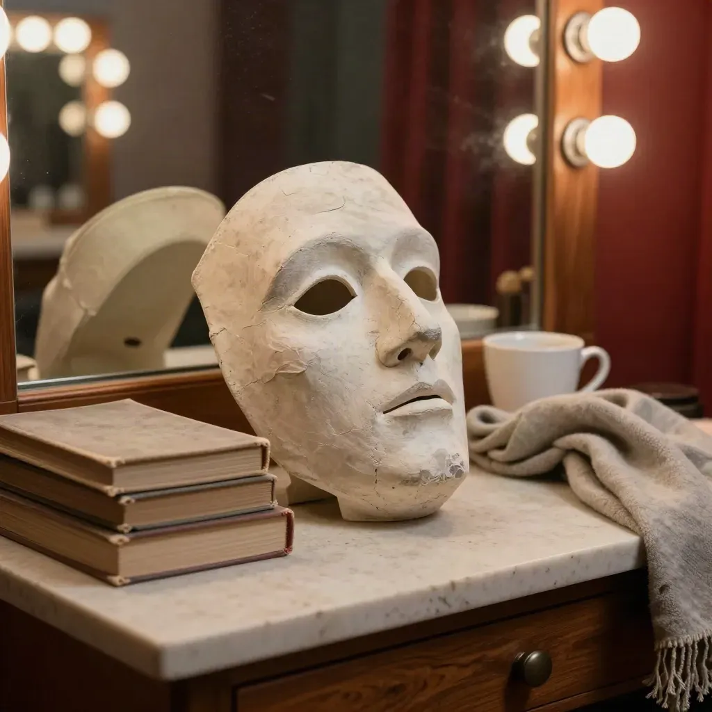 Maschera teatrale in gesso, libri neutri, tazza e sciarpa su tavolo da camerino in luce calda.
