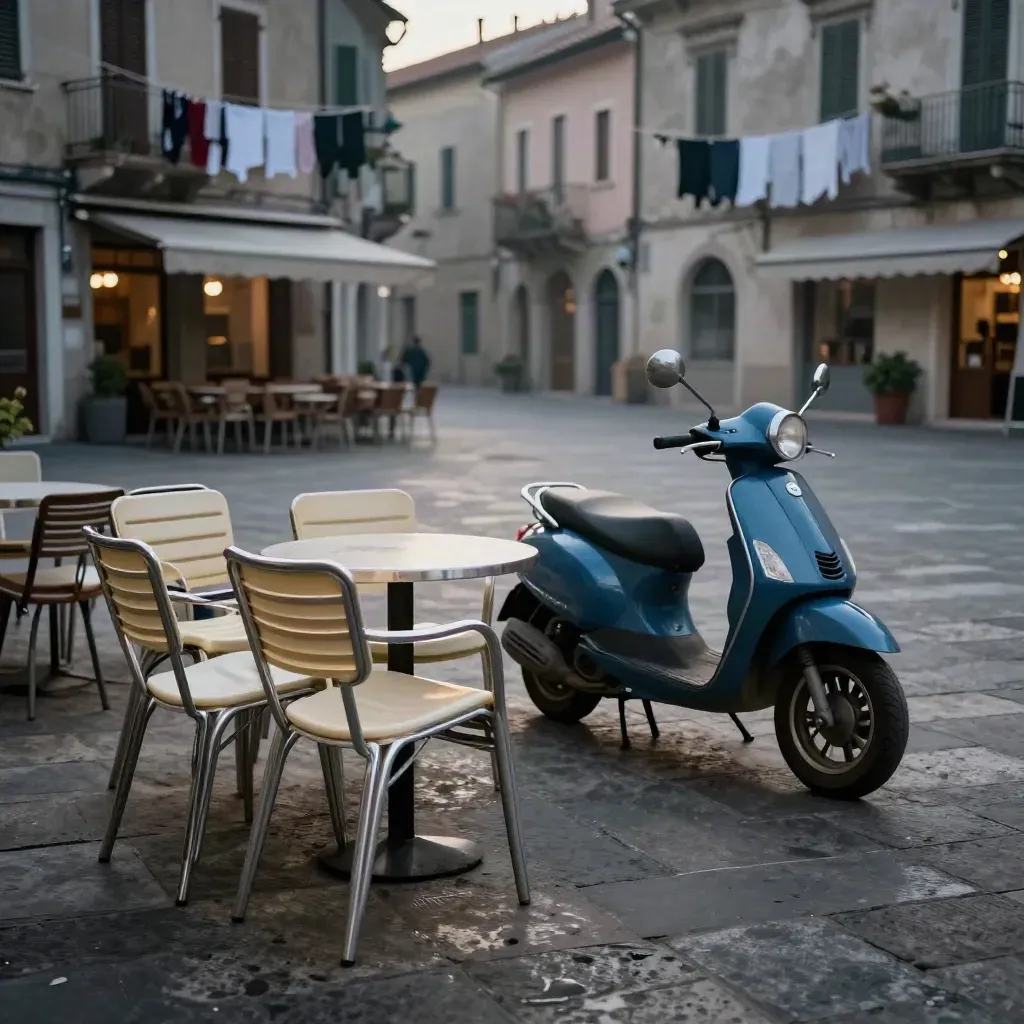 Piazza di provincia al crepuscolo con sedie del bar impilate, scooter fermo e fili del bucato.