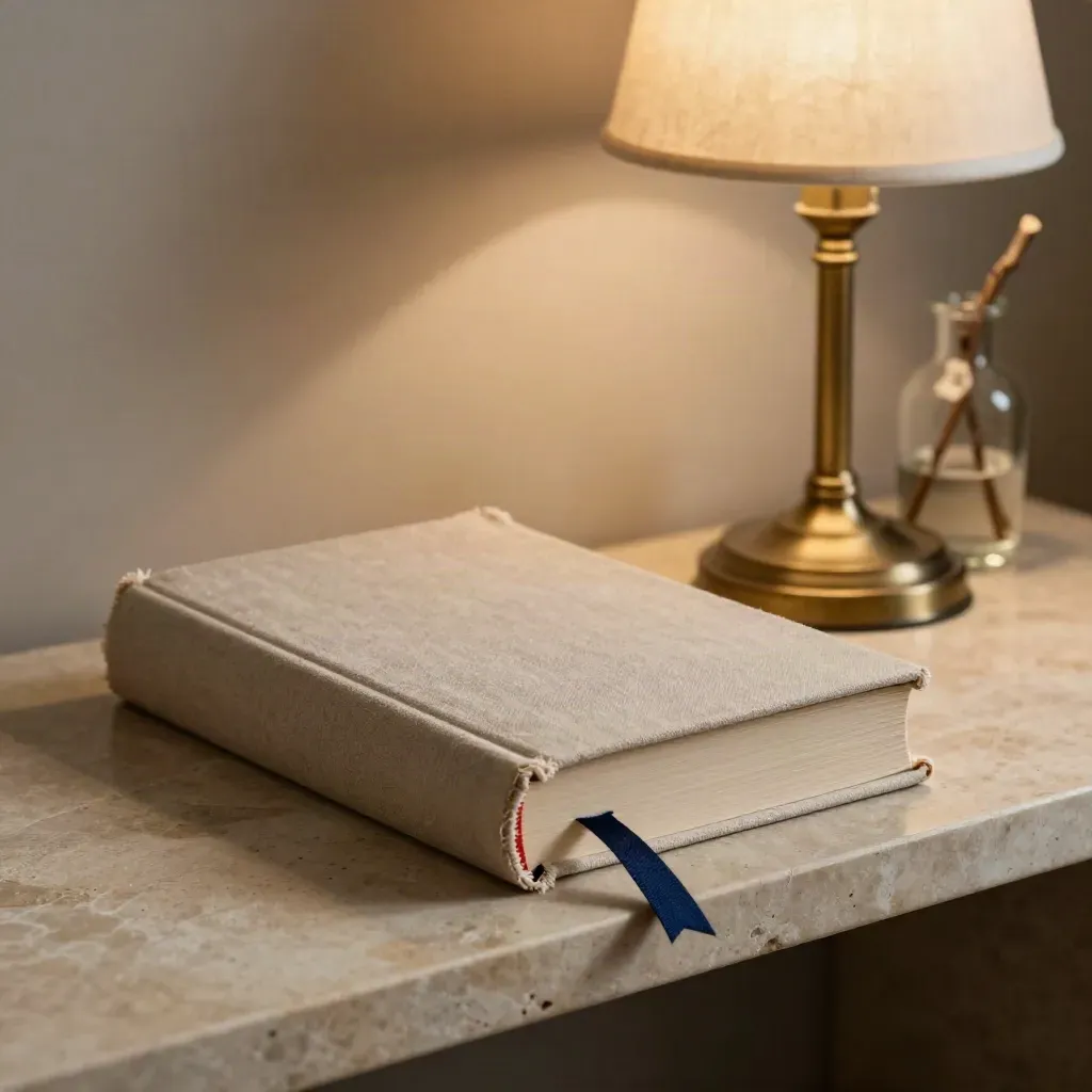 Libro rilegato, lampada da lettura e rametto secco in vetro su mensola in pietra, luce calda.